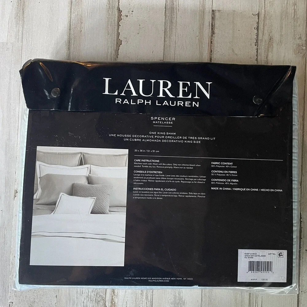 Ralph Lauren Home Spencer Matelassé King Sham Soft‎ Teal NWT $135